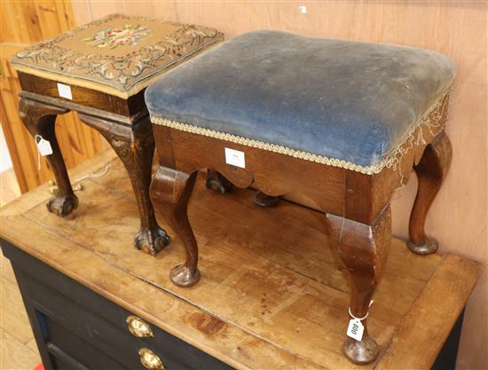 An oak dresssing stool with pad feet and another with claw and ball feet larger W.19cm